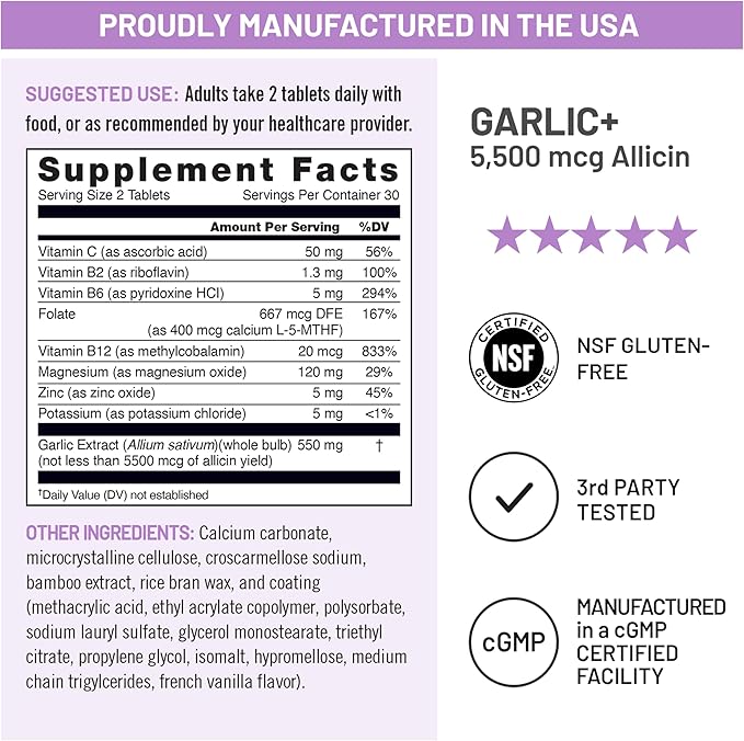 NatureWise Garlic Extract 5,500 mcg Allicin Supplement - Healthy Cholesterol & Blood Pressure Formula + Vitamins B & C - Vegan Tablets w/Enteric Coating, Non-GMO, Gluten-Free, 60 Count [30-Day Supply]