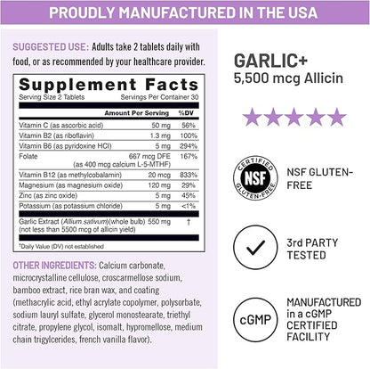 NatureWise Garlic Extract 5,500 mcg Allicin Supplement - Healthy Cholesterol & Blood Pressure Formula + Vitamins B & C - Vegan Tablets w/Enteric Coating, Non-GMO, Gluten-Free, 60 Count [30-Day Supply]