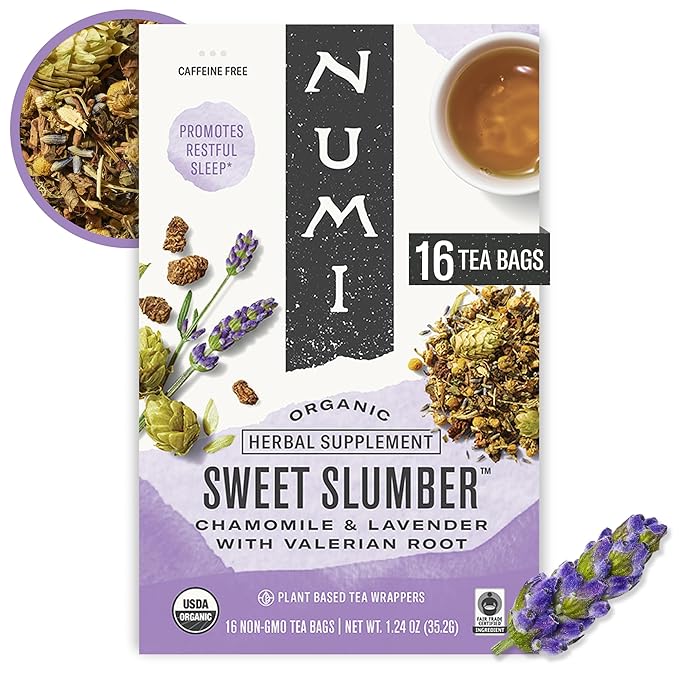 Numi Organic Sweet Slumber Tea with Chamomile, Valerian Root & Lavender, 16 Count Box of Tea Bags Herbal Teasan