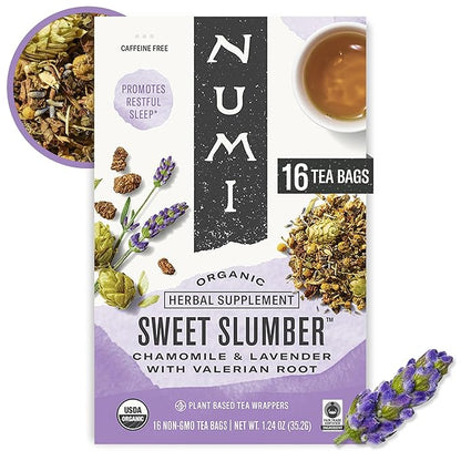 Numi Organic Sweet Slumber Tea with Chamomile, Valerian Root & Lavender, 16 Count Box of Tea Bags Herbal Teasan