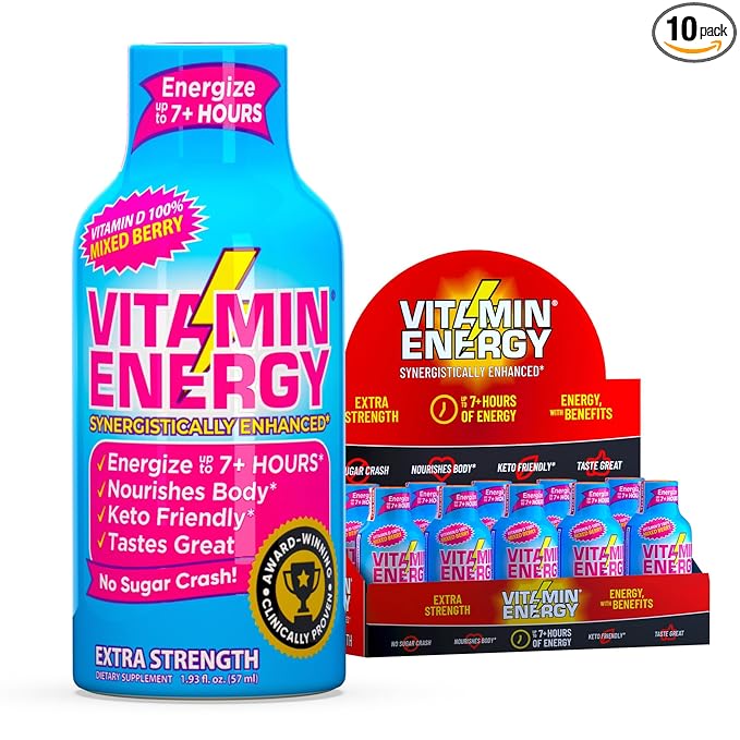 Vitamin Energy Vitamin D Extra Strength Energy Shot Mixed Berry 10 Pack, 260mg Natural Caffeine, B-Complex, Vitamin D, Wellness Support, Keto, Zero Sugar, Gluten-Free Vegan Kosher, 1.93 fl oz