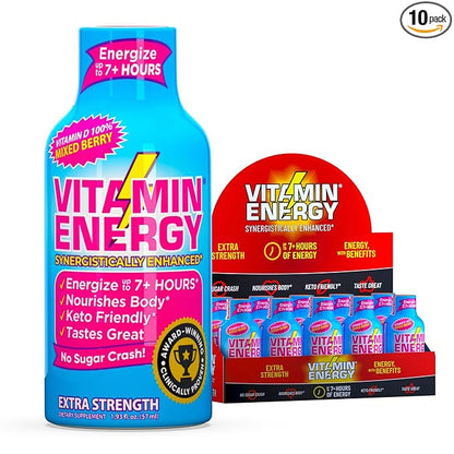 Vitamin Energy Vitamin D Extra Strength Energy Shot Mixed Berry 10 Pack, 260mg Natural Caffeine, B-Complex, Vitamin D, Wellness Support, Keto, Zero Sugar, Gluten-Free Vegan Kosher, 1.93 fl oz