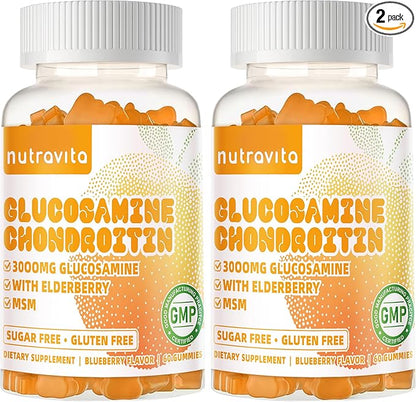 Nutravita Glucosamine Chondroitin Gummies with MSM & Elderberry Extra Strength - Joint Support, Antioxidant Immune Support Supplement for Adults, Men & Women.120 Orange Chews