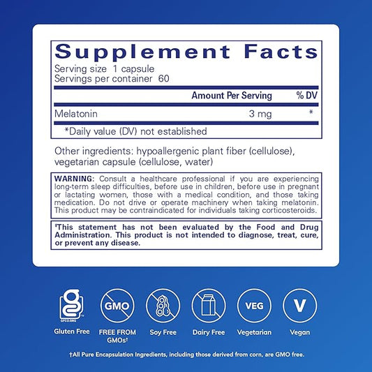 Pure Encapsulations Melatonin 3 mg - Antioxidant Supplement to Support Natural Sleeping & Relief of Occasional Sleeplessness - for Natural Sleep Support* - 60 Capsules