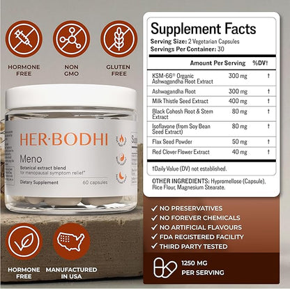 Her Bodhi Meno- Menopause Hormonal Balance for Women, Estrogen Soy Isoflavones Menopause Supplement for Women, Ashwagandha, Black Cohosh Hot Flashes Menopause Relief, Night Sweats Relief 60Caps