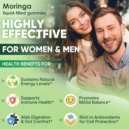 Moringa Gummies 1000mg for Women & Men Sugar-Free, 13-in-1 Superfood with Turmeric, Ashwagandha, Trans-Resveratrol, VB12 D3, Pure Moringa Leaf Supplement for Energy, Immune, Skin,Antioxidant, 60 Chews