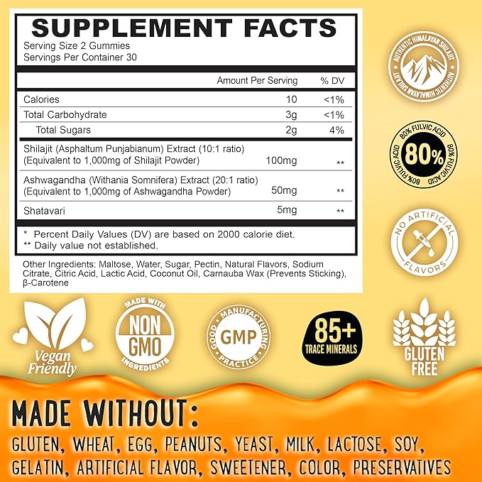 OH MY CHEWY Pure Himalayan Shilajit Gummies - High Potency Gold Grade Resin - Energy Boost and Immune Support for Men and Women with Ashwagandha and Shatavari - 60 Gummy - Peach & Mango