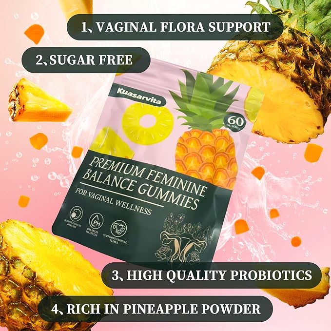 Premium Feminine Balance Gummies for Women, Vaginal Probiotics, PH Balance for Women Healthy Odor, Gut Health, Immune Support, Pineapple Gummies for Woman, 60 Counts