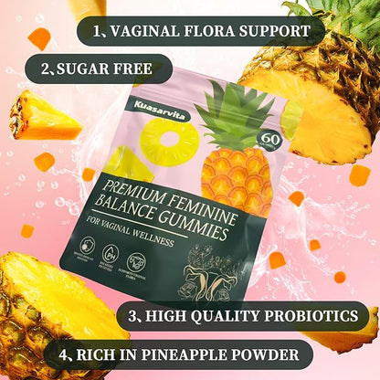 Premium Feminine Balance Gummies for Women, Vaginal Probiotics, PH Balance for Women Healthy Odor, Gut Health, Immune Support, Pineapple Gummies for Woman, 60 Counts