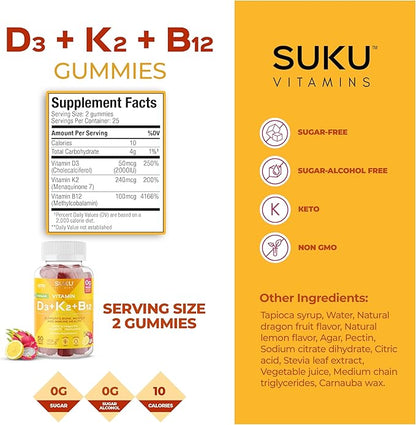 SUKU Vitamins Vegan D3 + K2 + B12 Sugar-Free & Sugar-Alcohol-Free Keto 2000IU Vitamin D Gummy Supplement for Healthy Bones, Immune Function, Healthy Metabolism, Lemon Dragon Fruit Flavor (50 Gummies)