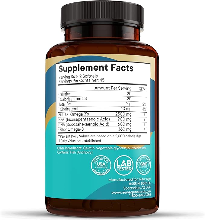 NEW AGE Omega 3 Fish Oil Supplement - Non GMO - EPA, DHA Fatty Acids Gluten Free (270 Softgels (Pack of 3))