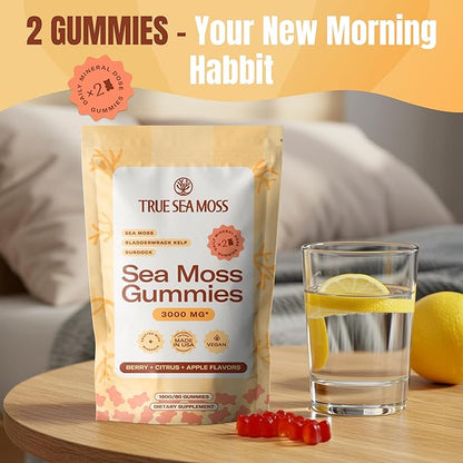 TrueSeaMoss Gummies 3000mg – Irish Sea Moss with Bladderwrack & Burdock Root – 3-in-1 Formula – Fruity Flavor – 60 Gummies