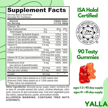 YALLA Halal Vitamins for Kids, Halal Kids Multivitamin Gummies, 45-90 Day Supply, Essential Vitamins with C, D3, Zinc for Immunity, B6 B12 for Energy, ISA Certified, Gelatin Free