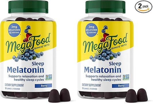MegaFood Melatonin Gummies - Melatonin 3mg per Serving to Help Relax & Fall Asleep – Sleep Gummies for Adults - Berry Flavor, Non-GMO, Certified Vegan - 54 Gummies (27 Servings) (Pack of 2)