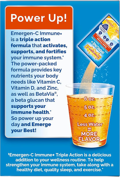 Emergen-C Immune+ Triple Action Immune Support Powder, BetaVia (R), 1000mg Vitamin C, B Vitamins, Vitamin D and Antioxidants, Super Orange – 30 Count