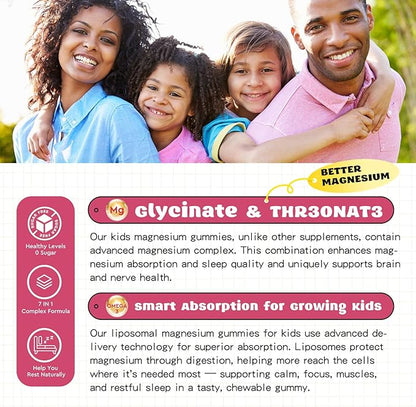 Liposomal Kids Magnesium Gummies- Magnesium Glycinate Gummies for Kids Supplement-w/Omega-3, Vitamin B6, D3- Support Calm Stress Relief, Bones, Mood, Peach & Mango Flavor, 60 Count