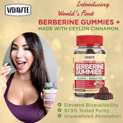 VIDAVITE Berberine with Ceylon Cinnamon Gummies — Sugar-free, 98% Pure & 10x Absorption — 1200mg HCL Organic Berberine Supplement for Weight Management, Immunity, Metabolic & Digestive Health(30 Days)