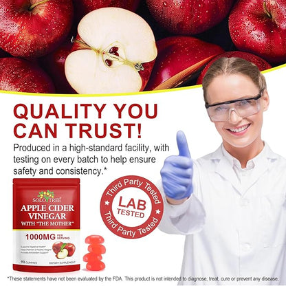 NIFEISHI Apple Cider Vinegar Gummies, (1000mg) Apple Cider Vinegar with Mother, (90Count) ACV Gummies w/Vitamin B6 & B12, Folic Acid, Vegan, Non-GMO, Gluten- & Gelatin-Free