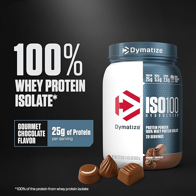Dymatize ISO100 Whey Protein Powder Isolate, Gourmet Chocolate, 25g of Protein, 20 Servings, 5.5g BCAAs, Less Than 120 Cal., Gluten Free, 1g Fat, 1g Sugar, 2g Carb
