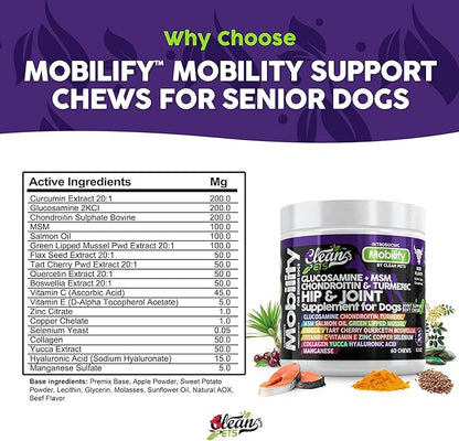 Clean Pets Hip and Joint Supplement Dogs with Glucosamine for Dogs + Chondroitin, Turmeric, Hyaluronic Acid, MSM, Salmon Oil, Collagen, Vitamin C, Omega 3 Senior Dog Supplements Beef Flavor - 1Pack