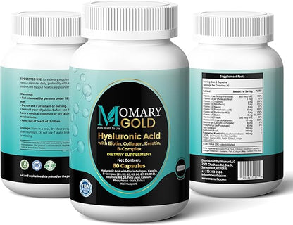 MOMARY Gold Hyaluronic Acid with Biotin, Collagen, Keratin, B-Complex (B1, B2, B3, B5, B6, B7, B9, B12), Vitamins A & D3, Folic Acid, Calcium, Phosphorus – Hair, Skin & Nail Support – 60 Capsules