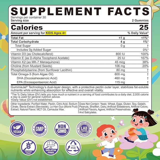 Kids Omega-3 Gummies for 4+, Algae Oil DHA & EPA with Vitamin D3 K2, Choline & PS, Vegan Fish Oil Supplements for Brain, Bone, Cognitive & Immune Health, No Fish Taste, SugarFree, Lemon Flavor, 120Cts