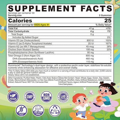 Omega-3 for Kids 4+, Algae EPA & DHA Gummies Plus Vitamin D3 K2, Choline & PS for Brain, Bone, Cognitive & Immune Health, Zero Sugar Children Ultra-High DHA Fish Oil Alternative Lemon Flavor, 60 Cts