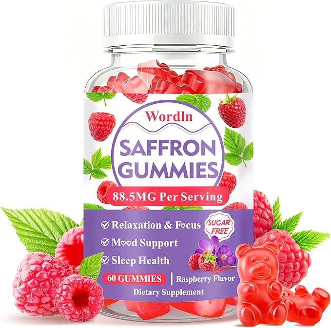Saffron Gummies for Adults & Kids, Saffron Supplements with 88.5mg Saffron Extract, Ashwagandha, L-Theanine for Relaxation, Focus and Mood Support, Sugar Free, 60 Count