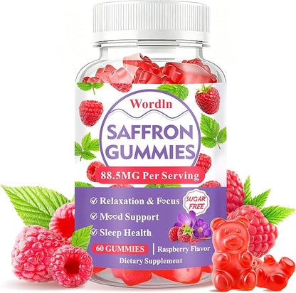 Saffron Gummies for Adults & Kids, Saffron Supplements with 88.5mg Saffron Extract, Ashwagandha, L-Theanine for Relaxation, Focus and Mood Support, Sugar Free, 60 Count
