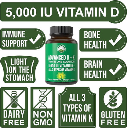 Peak Performance Advanced Vitamin D 5000 IU with All 3 Types of Vitamin K Vitamin D3 and Vitamin K2, K1, MK-7 (MK7), MK4 Supplement - 60 Small and Easy to Swallow Vegetable Pills