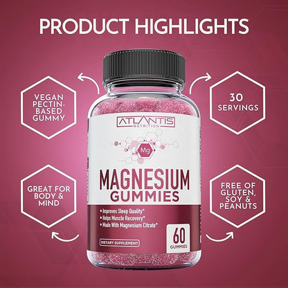 Atlantis Nutrition Magnesium Citrate Gummies – Magnesium Gummies – 90mg Magnesium (from 770mg Magnesium Citrate) | Supports Muscle Recovery, Eases Cramps, Promotes Calmness & Better Sleep | 60 Gummies