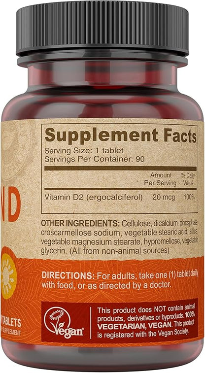 DEVA Vegan Vitamin D2 800 IU, Ergocalciferol Supplement with No Animal Ingredients, 90 Tablets (Pack of 2)