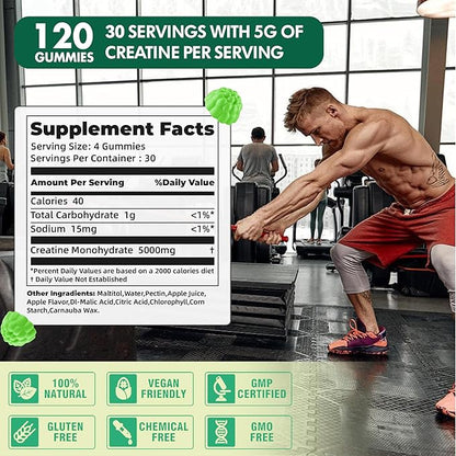 NSF Certified Creatine Gummy 5g - Creatine Monohydrate Gummies for Men & Women, Creatine Monohydrate for Muscle Strength, Muscle Builder, Energy Boost, Pre-Workout Supplement(120 Count)-Apple