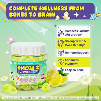 Omega-3 for Kids 4+, Algae EPA & DHA Gummies Plus Vitamin D3 K2, Choline & PS for Brain, Bone, Cognitive & Immune Health, Zero Sugar Children Ultra-High DHA Fish Oil Alternative Lemon Flavor, 60 Cts