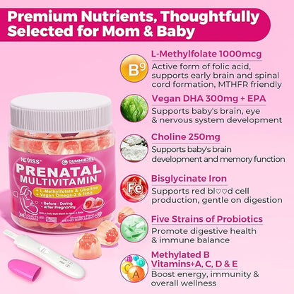 Prenatal Multivitamin Gummy for Women w/Methylfolate 1mg, Iron Choline Omega-3(DHA+EPA), Prenatal Vitamins for Women Gummies, Postnatal Vitamins | Before,During & After Pregnancy, Sugar Free,120Cts