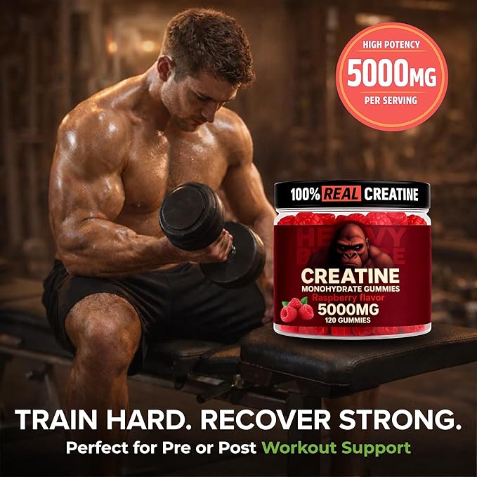 Creatine Monohydrate Gummies 5g Sugar Free Creatine with Vitamin B12 and L-Taurine | Muscle Growth for Men and Women | Low Calorie Formula 120 Gummies for 30 Servings, Raspberry