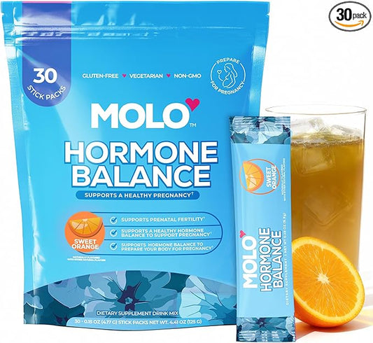 MOLO Hormone Balance for Women – ALA for Cycle Regulation, Magnesium & Zinc for Mood Support and Hormone Balance - 30 Stick Packs with Sweet Orange Flavor – Vegetarian, Gluten-Free & Non-GMO