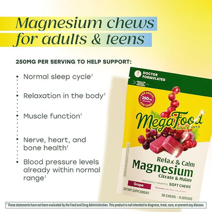 MegaFood Relax + Calm Magnesium Complex with Magnesium Citrate & Malate for Heart Health, Muscle Tension & More – Doctor Formulated - Vegetarian – Grape Flavor - 60 Soft Chews (30 Servings)