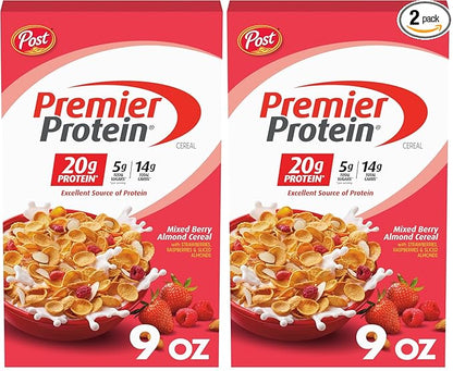 Premier Protein Mixed Berry Almond Cereal, Protein Cereal Flakes Mixed with Dried Berries and Sliced Almonds, Contains 20g of Protein Per Serving, 9 OZ Box (Pack of 2)