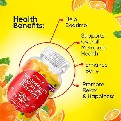 Magnesium Glycinate Chewable Gummies (600mg) for Kids & Adults Women Men - Vegan Complex with Calcium Potassium Vitamin D B6 L-Theanine Advanced Magnesium Complex - Sugar & Gluten Free - Orange Flavor