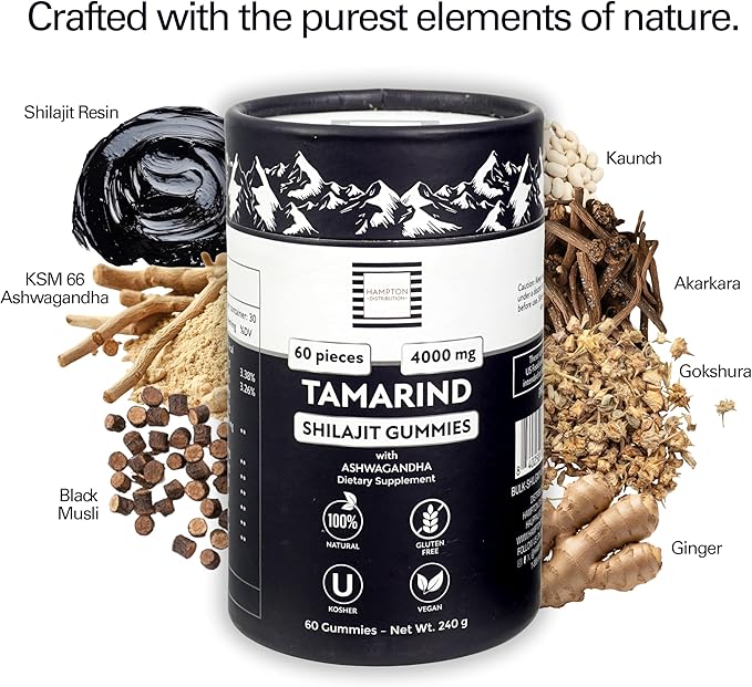4000mg Shilajit Gummies I No Added Sugar I KSM-66 Ashwagandha, Gokshura | Men, Women I Gluten Free I Kosher | Vegan | Lab Tested I 100% Natural I 60 Gummy Tamarind Flavor (Pack of 1)