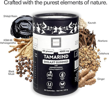 4000mg Shilajit Gummies I No Added Sugar I KSM-66 Ashwagandha, Gokshura | Men, Women I Gluten Free I Kosher | Vegan | Lab Tested I 100% Natural I 60 Gummy Tamarind Flavor (Pack of 1)
