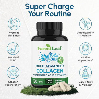ForestLeaf Multi Collagen Pills with Hyaluronic Acid + Vitamin C | Hydrolyzed Collagen Supplements for Women or Men | Multi Collagen Capsules Peptides for Skin, Wrinkles, 240