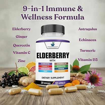 American Standard Supplements Elderberry Extract with Quercetin, Vitamin C, D3, Ginger, Zinc, Turmeric, Astragalus and Echinacea – 60 Capsules, 30 Servings