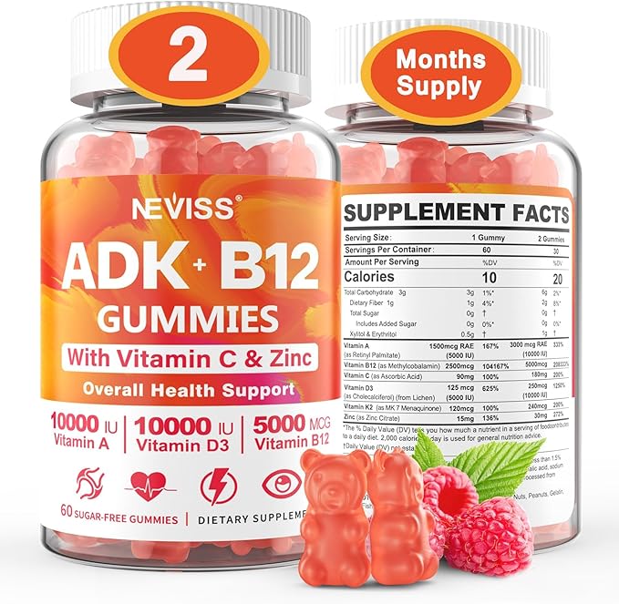 Methylated Multivitamin Women Men, Vitamin D3 K2 5000IU / 10,000IU, B12 5000 mcg 2500mcg, K2 (MK-7) 240mcg- ADK+Methyl Vitamin B12, Vegan D3,Vitamin A,C,Zinc Eye,Bone,Energy,Immune, Sugar-Free Gummies