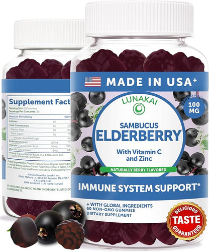 Lunakai USA Made Black Sambucus Elderberry Gummies for Adults & Kids with Vitamin C & Zinc - Immune Support, Antioxidants, Non-GMO, 60 Gummies