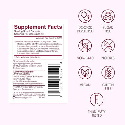 Love Wellness Good Girl Probiotics | Women’s Vaginal Health & pH Balance Supplement | 9-Strain Probiotic for Urinary Tract, Yeast, Odor, & Immune Support | Gluten-Free (42-Day Supply)