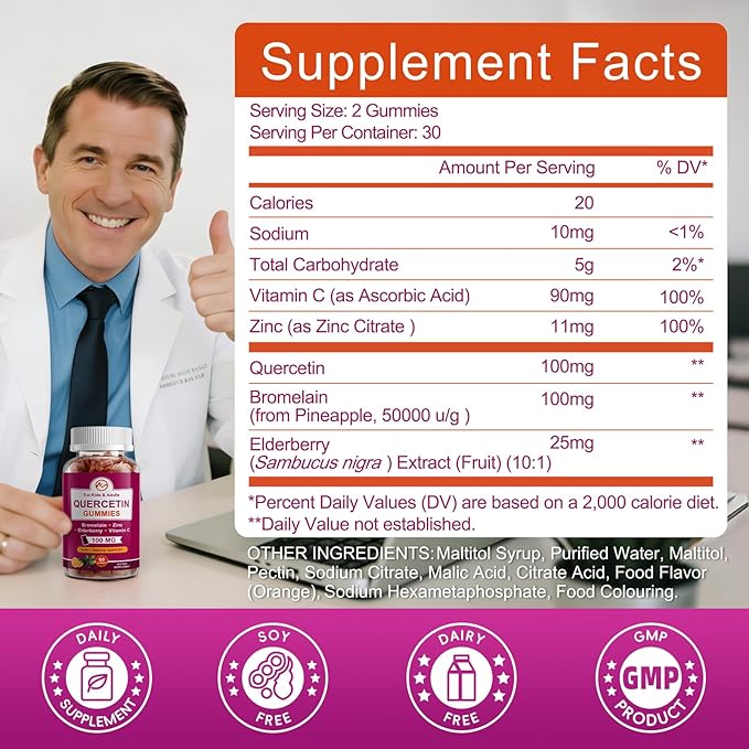 M inch (2 Pack) Quercetin Gummies with Bromelain, Elderberry, Zinc and Vitamin C - Chewable Quercetin 100mg Supplement for Immunity, Allergy, Aging Support - Vegan Gummies for Adult & Kid