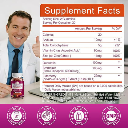 M inch (2 Pack) Quercetin Gummies with Bromelain, Elderberry, Zinc and Vitamin C - Chewable Quercetin 100mg Supplement for Immunity, Allergy, Aging Support - Vegan Gummies for Adult & Kid