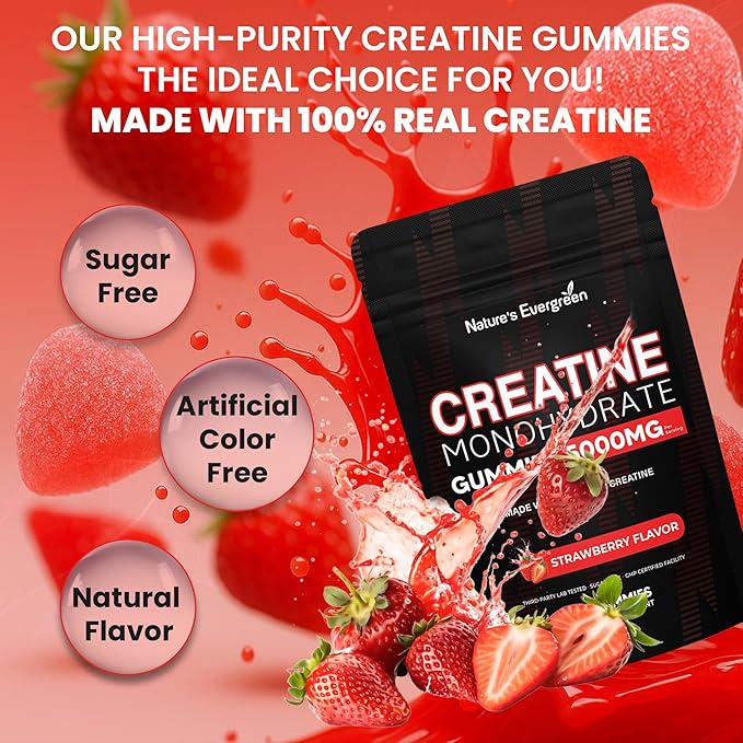 Creatine Monohydrate 5000mg Gummies, Pre-Workout 5g Creatine Gummy Supplement for Men & Women: Muscle Builder & Energy Boost, Sugar Free, Vegan, Strawberry Flavor, (120 Count) Made in USA